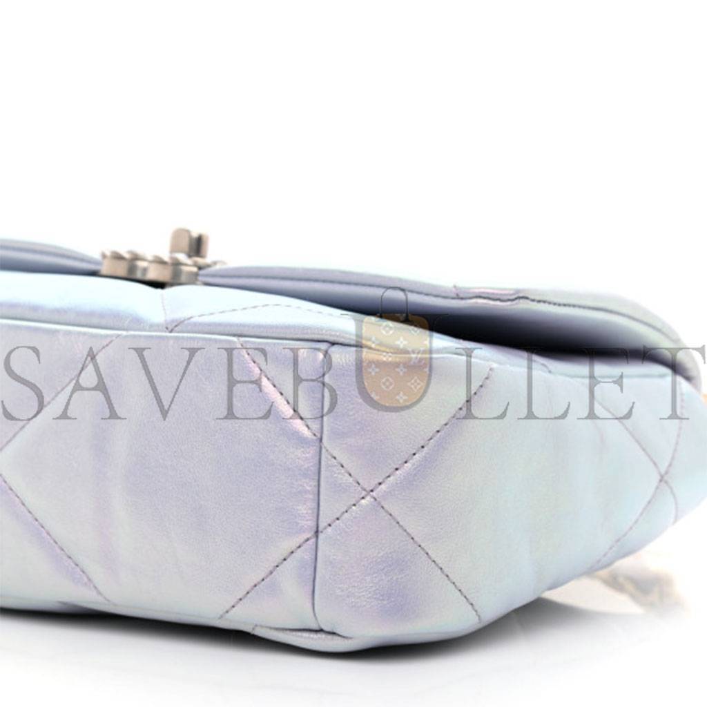 Ch*el iridescent calfskin quilted medium Ch*el 19 flap light silver purple blue as1160 (26*17*8cm)